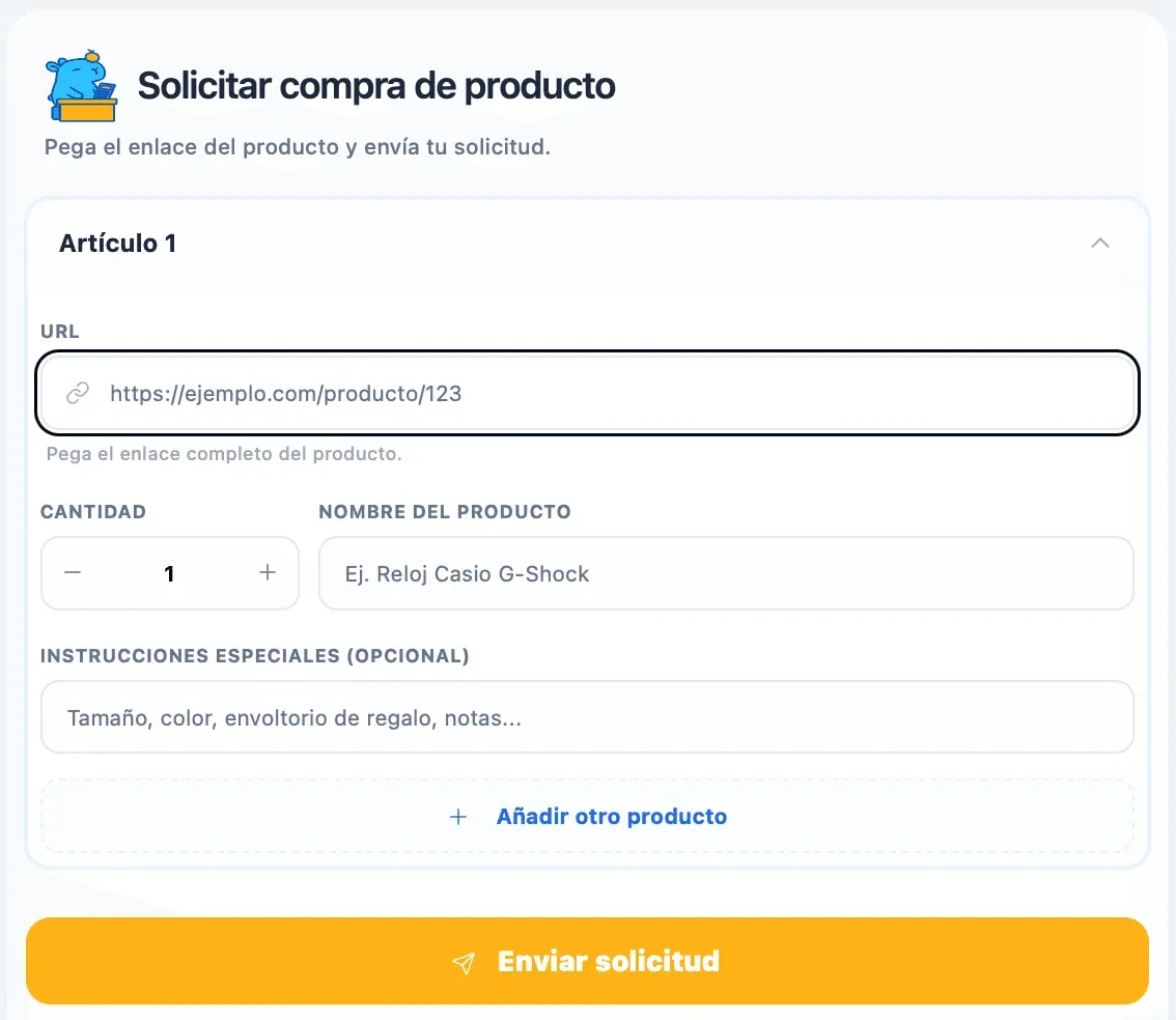 Panel de Aiyu Japan para enviar enlaces de productos japoneses y solicitar una compra